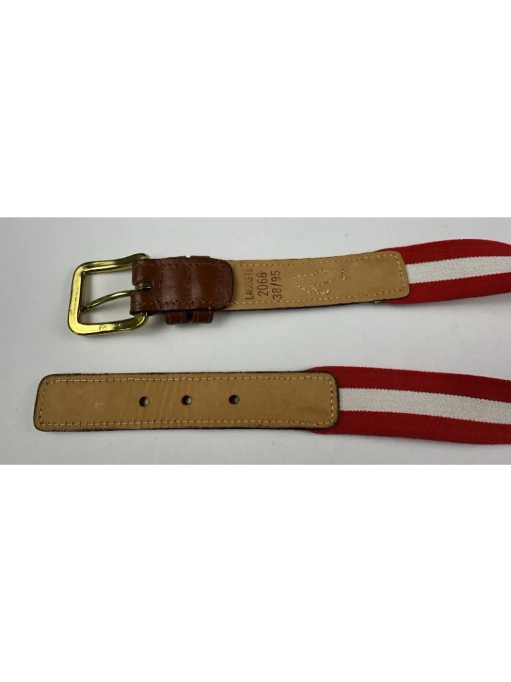Lacoste Men’s Red White Stretch Fabric Leather Trim Skinny Belt Large 38/95